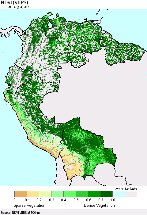 Northern South America NDVI (VIIRS) Thematic Map For 7/28/2023 - 8/4/2023