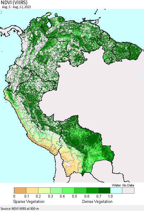 Northern South America NDVI (VIIRS) Thematic Map For 8/5/2023 - 8/12/2023