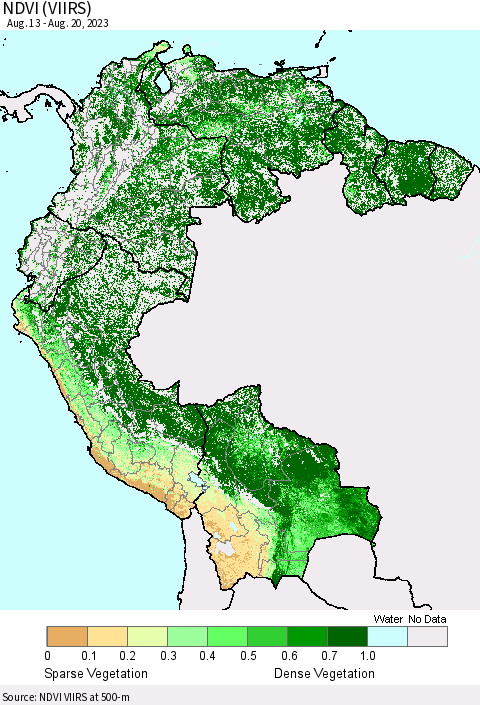Northern South America NDVI (VIIRS) Thematic Map For 8/13/2023 - 8/20/2023