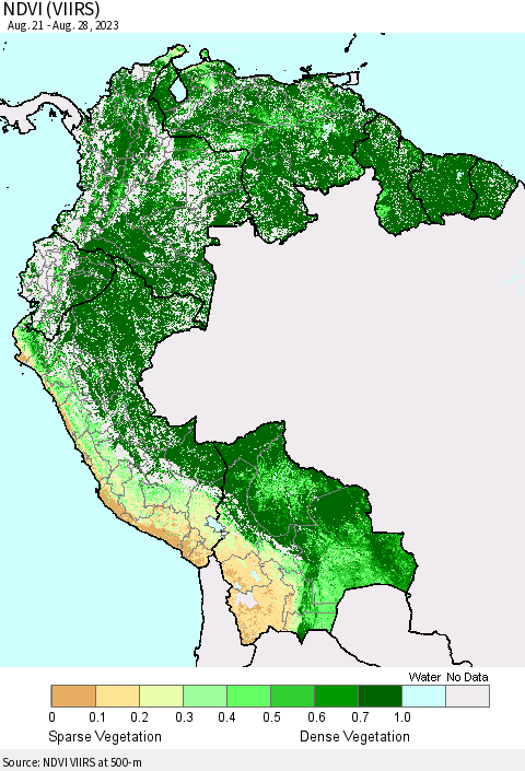 Northern South America NDVI (VIIRS) Thematic Map For 8/21/2023 - 8/28/2023