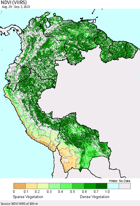 Northern South America NDVI (VIIRS) Thematic Map For 8/29/2023 - 9/5/2023