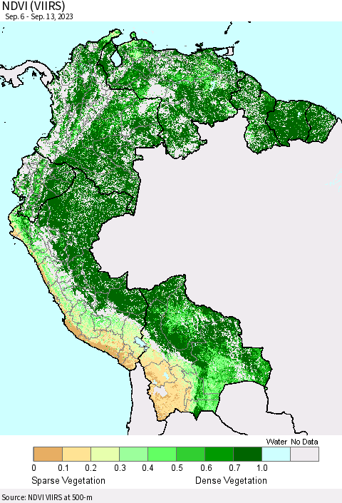Northern South America NDVI (VIIRS) Thematic Map For 9/6/2023 - 9/13/2023