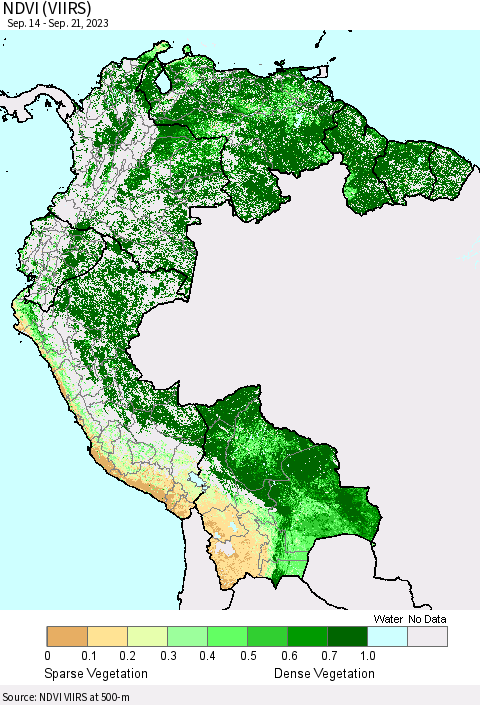 Northern South America NDVI (VIIRS) Thematic Map For 9/14/2023 - 9/21/2023