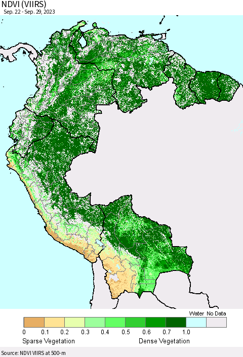Northern South America NDVI (VIIRS) Thematic Map For 9/22/2023 - 9/29/2023