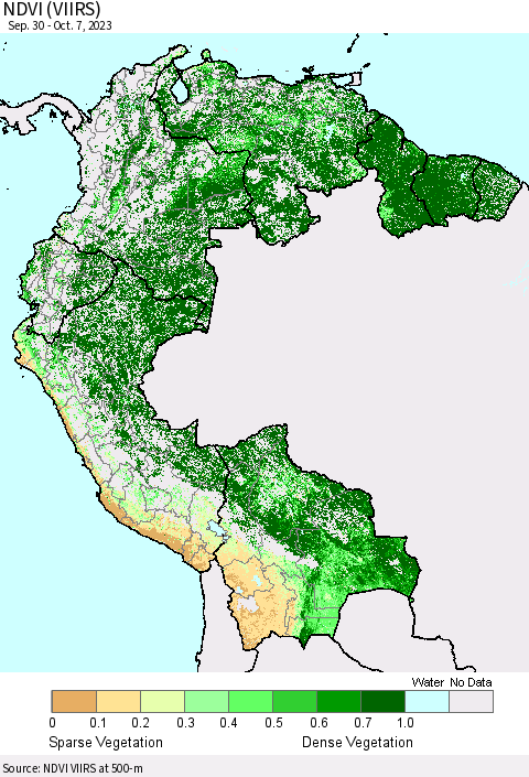 Northern South America NDVI (VIIRS) Thematic Map For 9/30/2023 - 10/7/2023