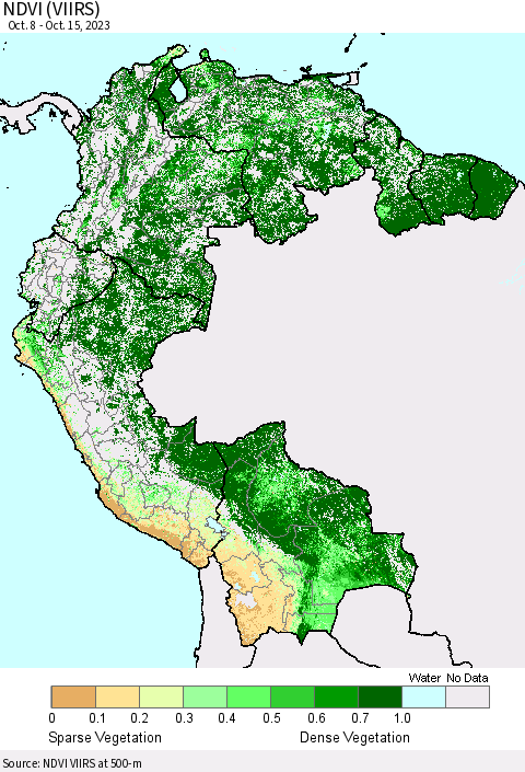 Northern South America NDVI (VIIRS) Thematic Map For 10/8/2023 - 10/15/2023