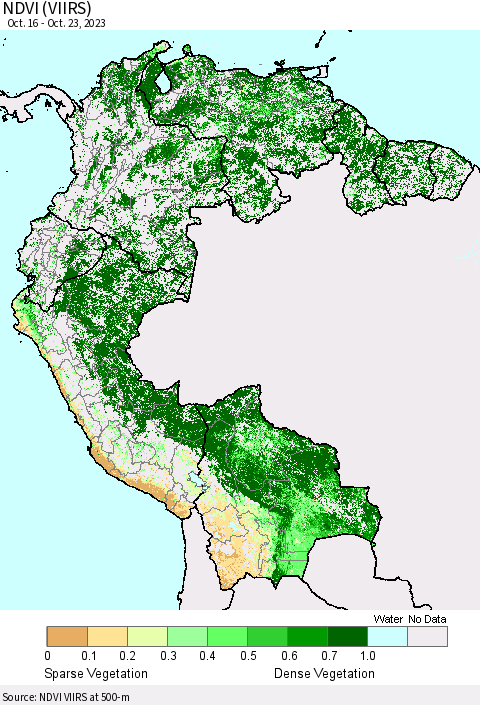 Northern South America NDVI (VIIRS) Thematic Map For 10/16/2023 - 10/23/2023