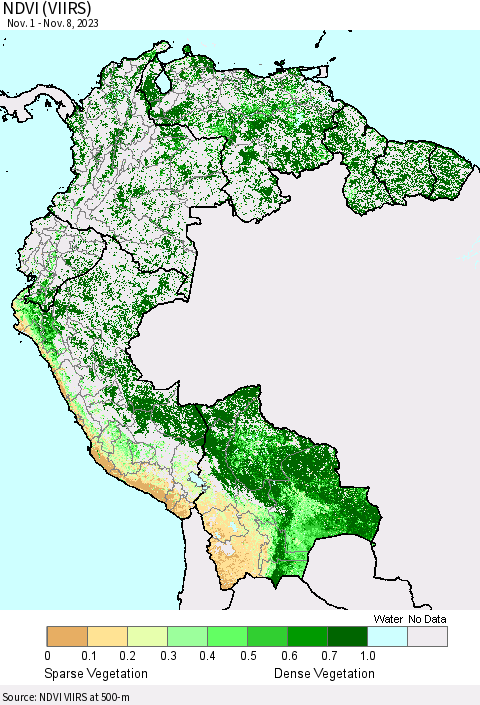 Northern South America NDVI (VIIRS) Thematic Map For 11/1/2023 - 11/8/2023