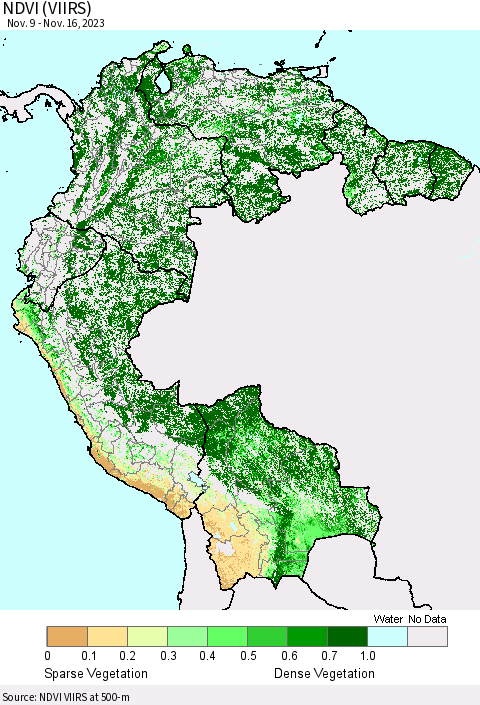 Northern South America NDVI (VIIRS) Thematic Map For 11/9/2023 - 11/16/2023