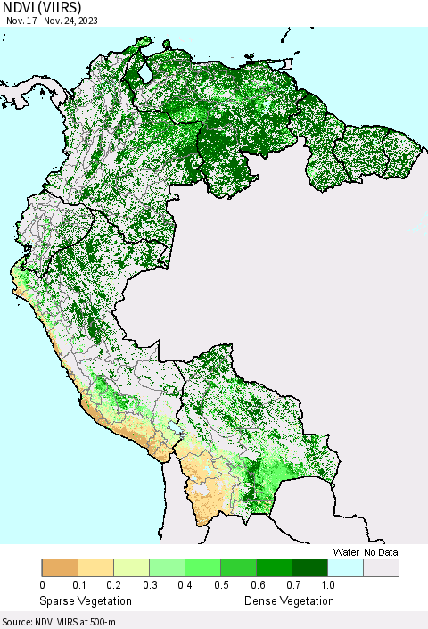 Northern South America NDVI (VIIRS) Thematic Map For 11/17/2023 - 11/24/2023