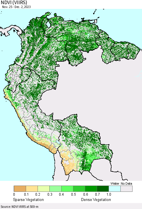Northern South America NDVI (VIIRS) Thematic Map For 11/25/2023 - 12/2/2023