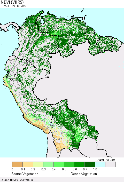 Northern South America NDVI (VIIRS) Thematic Map For 12/3/2023 - 12/10/2023