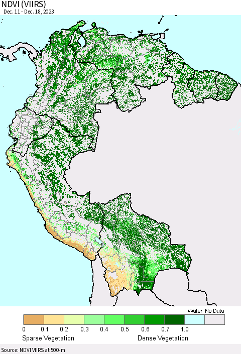 Northern South America NDVI (VIIRS) Thematic Map For 12/11/2023 - 12/18/2023