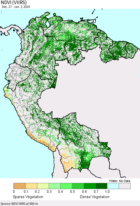 Northern South America NDVI (VIIRS) Thematic Map For 12/27/2023 - 1/3/2024