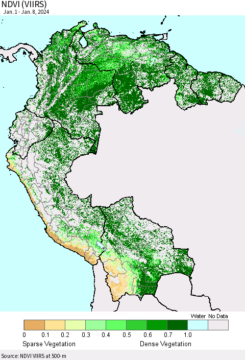 Northern South America NDVI (VIIRS) Thematic Map For 1/1/2024 - 1/8/2024