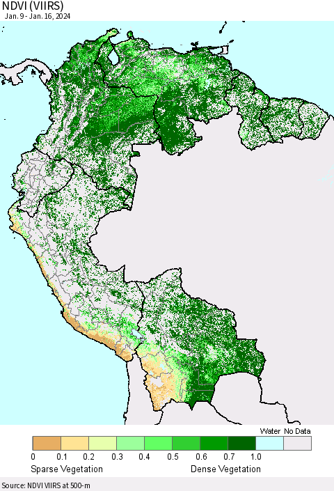 Northern South America NDVI (VIIRS) Thematic Map For 1/9/2024 - 1/16/2024