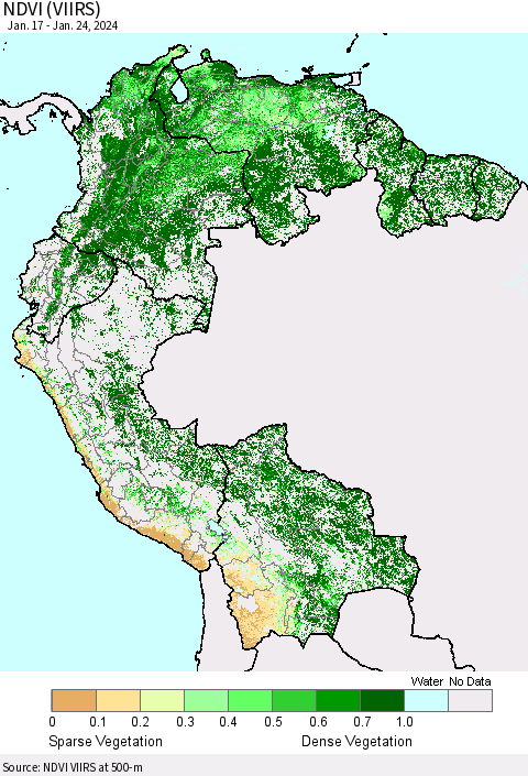 Northern South America NDVI (VIIRS) Thematic Map For 1/17/2024 - 1/24/2024