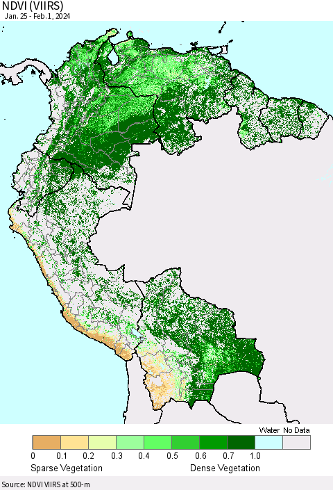 Northern South America NDVI (VIIRS) Thematic Map For 1/25/2024 - 2/1/2024