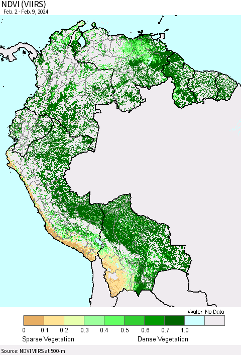Northern South America NDVI (VIIRS) Thematic Map For 2/2/2024 - 2/9/2024