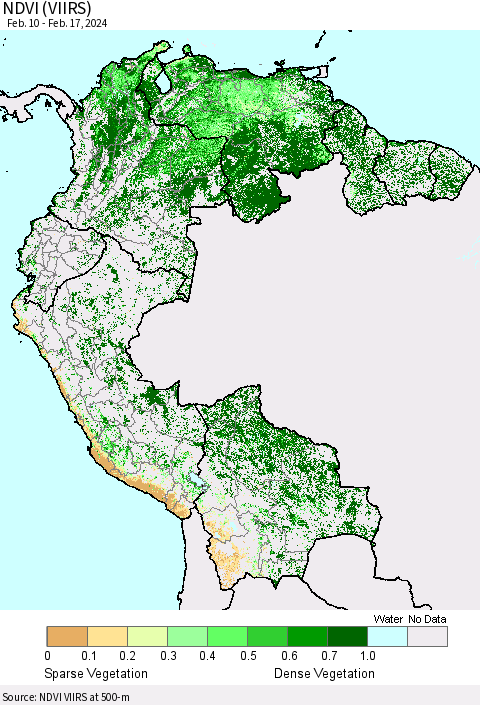 Northern South America NDVI (VIIRS) Thematic Map For 2/10/2024 - 2/17/2024