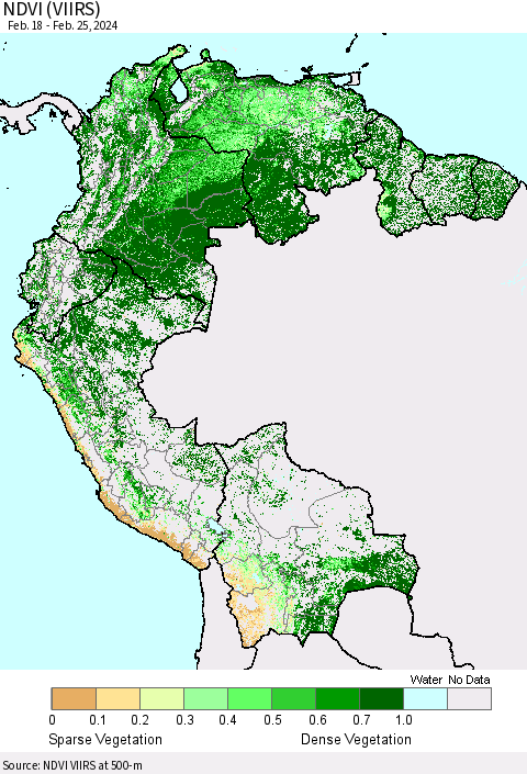 Northern South America NDVI (VIIRS) Thematic Map For 2/18/2024 - 2/25/2024