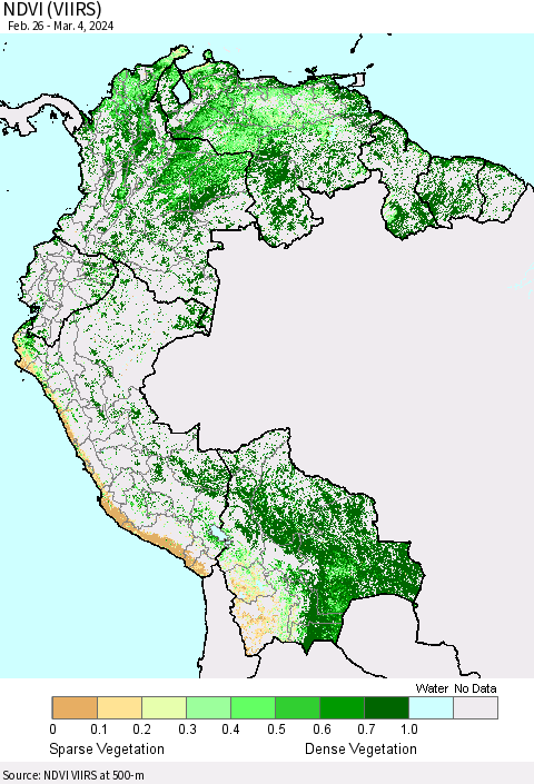 Northern South America NDVI (VIIRS) Thematic Map For 2/26/2024 - 3/4/2024