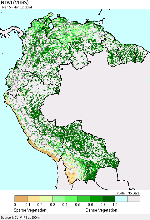 Northern South America NDVI (VIIRS) Thematic Map For 3/5/2024 - 3/12/2024