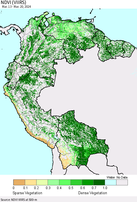 Northern South America NDVI (VIIRS) Thematic Map For 3/13/2024 - 3/20/2024