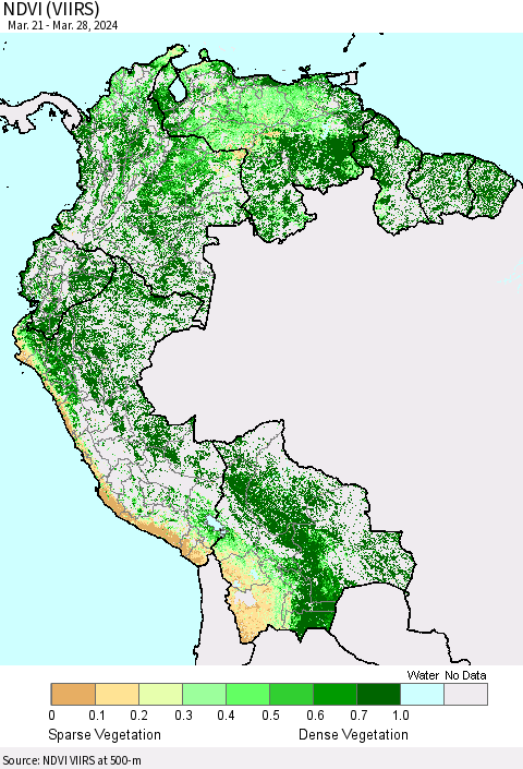 Northern South America NDVI (VIIRS) Thematic Map For 3/21/2024 - 3/28/2024