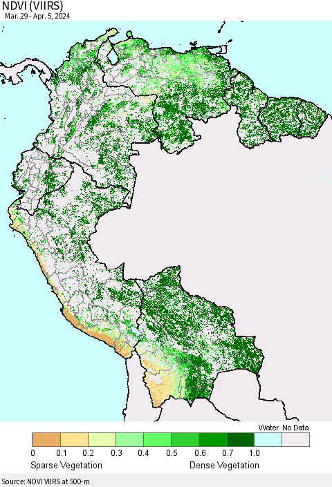 Northern South America NDVI (VIIRS) Thematic Map For 3/29/2024 - 4/5/2024