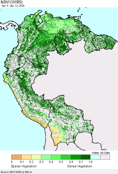 Northern South America NDVI (VIIRS) Thematic Map For 4/6/2024 - 4/13/2024