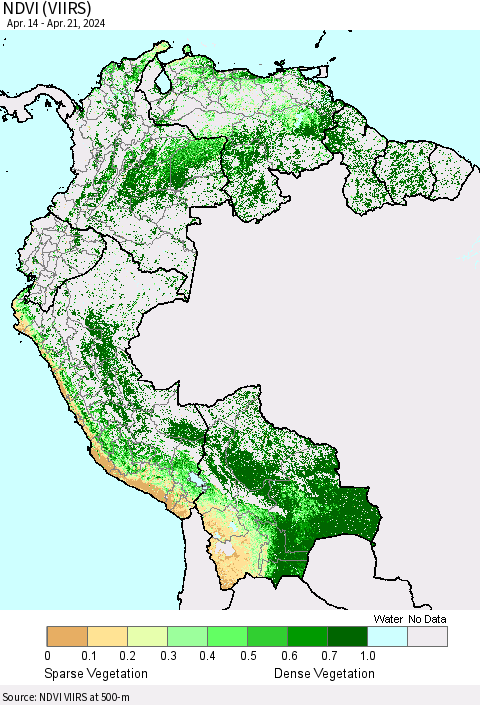 Northern South America NDVI (VIIRS) Thematic Map For 4/14/2024 - 4/21/2024