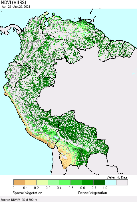 Northern South America NDVI (VIIRS) Thematic Map For 4/22/2024 - 4/29/2024