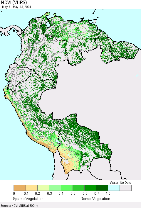 Northern South America NDVI (VIIRS) Thematic Map For 5/8/2024 - 5/15/2024