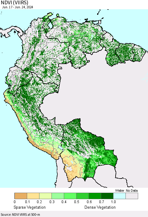 Northern South America NDVI (VIIRS) Thematic Map For 6/17/2024 - 6/24/2024