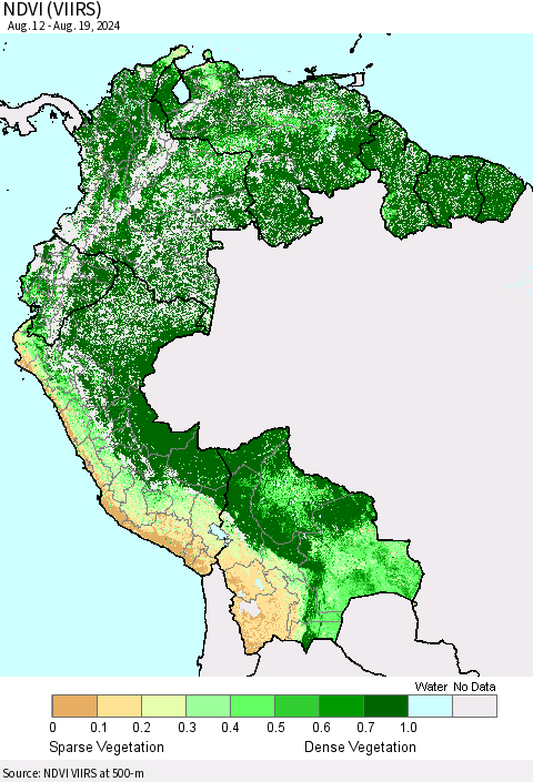 Northern South America NDVI (VIIRS) Thematic Map For 8/12/2024 - 8/19/2024