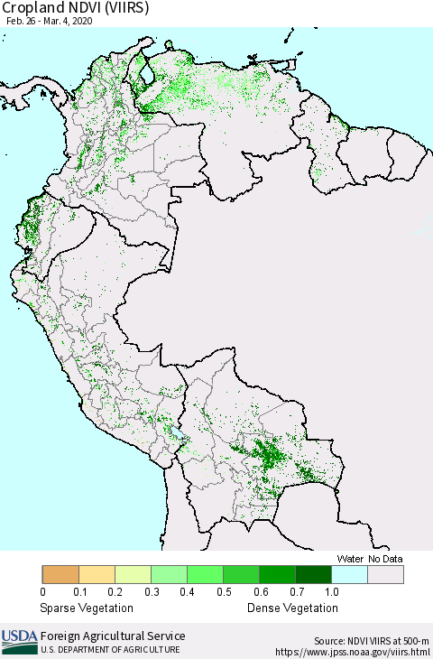 Northern South America Cropland NDVI (VIIRS) Thematic Map For 3/1/2020 - 3/10/2020
