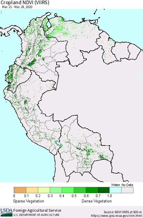 Northern South America Cropland NDVI (VIIRS) Thematic Map For 3/21/2020 - 3/31/2020
