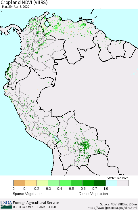 Northern South America Cropland NDVI (VIIRS) Thematic Map For 4/1/2020 - 4/10/2020