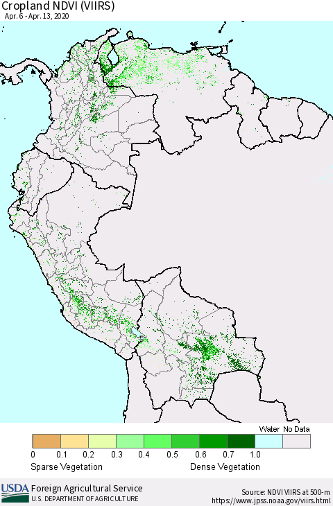 Northern South America Cropland NDVI (VIIRS) Thematic Map For 4/11/2020 - 4/20/2020