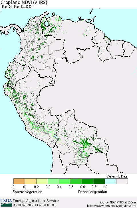 Northern South America Cropland NDVI (VIIRS) Thematic Map For 5/21/2020 - 5/31/2020