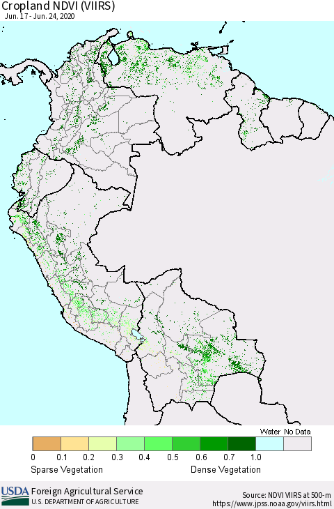 Northern South America Cropland NDVI (VIIRS) Thematic Map For 6/21/2020 - 6/30/2020