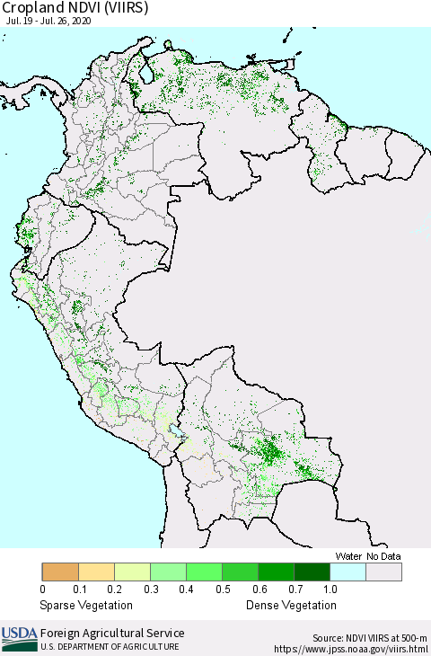 Northern South America Cropland NDVI (VIIRS) Thematic Map For 7/21/2020 - 7/31/2020