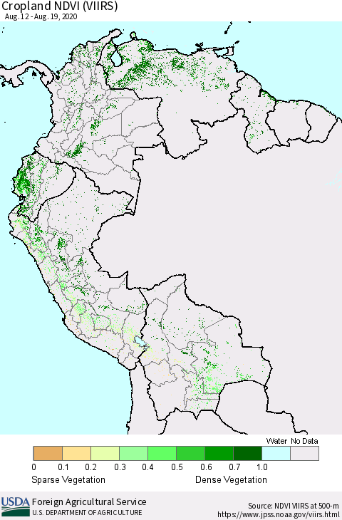 Northern South America Cropland NDVI (VIIRS) Thematic Map For 8/11/2020 - 8/20/2020