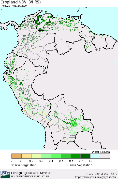 Northern South America Cropland NDVI (VIIRS) Thematic Map For 8/21/2020 - 8/31/2020