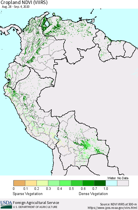 Northern South America Cropland NDVI (VIIRS) Thematic Map For 9/1/2020 - 9/10/2020