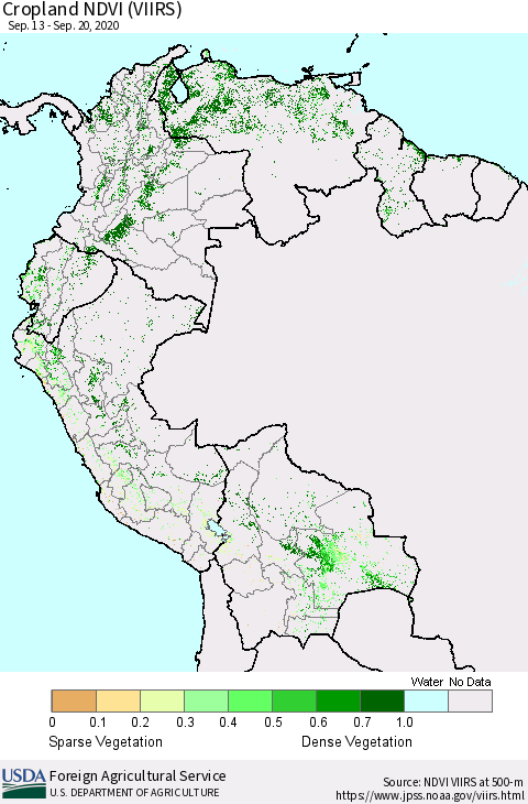 Northern South America Cropland NDVI (VIIRS) Thematic Map For 9/11/2020 - 9/20/2020