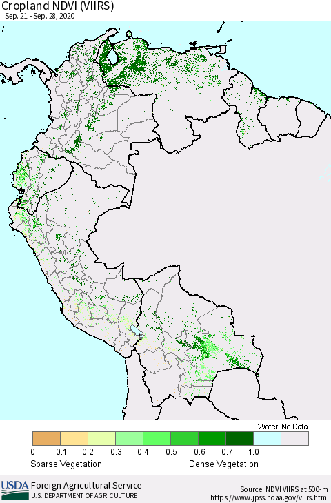 Northern South America Cropland NDVI (VIIRS) Thematic Map For 9/21/2020 - 9/30/2020
