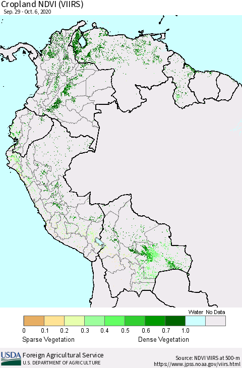 Northern South America Cropland NDVI (VIIRS) Thematic Map For 10/1/2020 - 10/10/2020