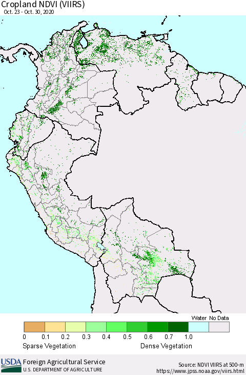 Northern South America Cropland NDVI (VIIRS) Thematic Map For 10/21/2020 - 10/31/2020